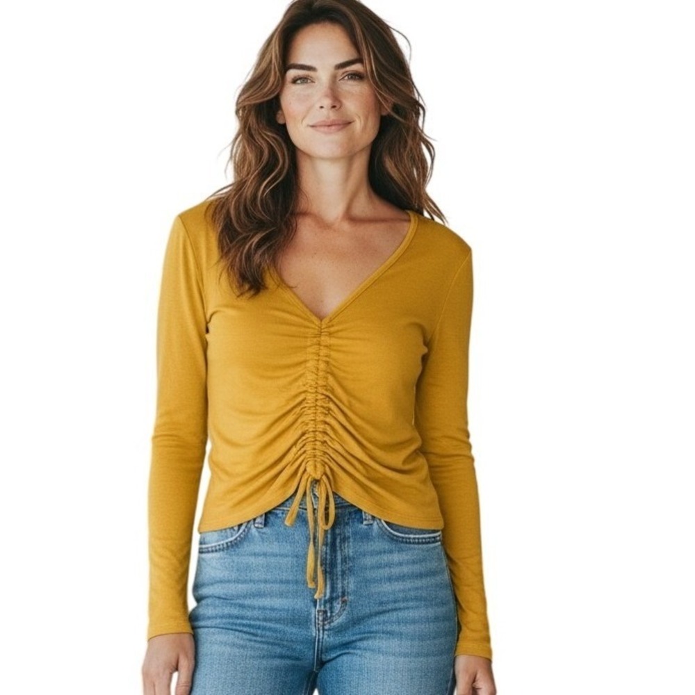 Live in the Moment Mustard Yellow Ruched Front V-Neck Long Sleeve Top Small
